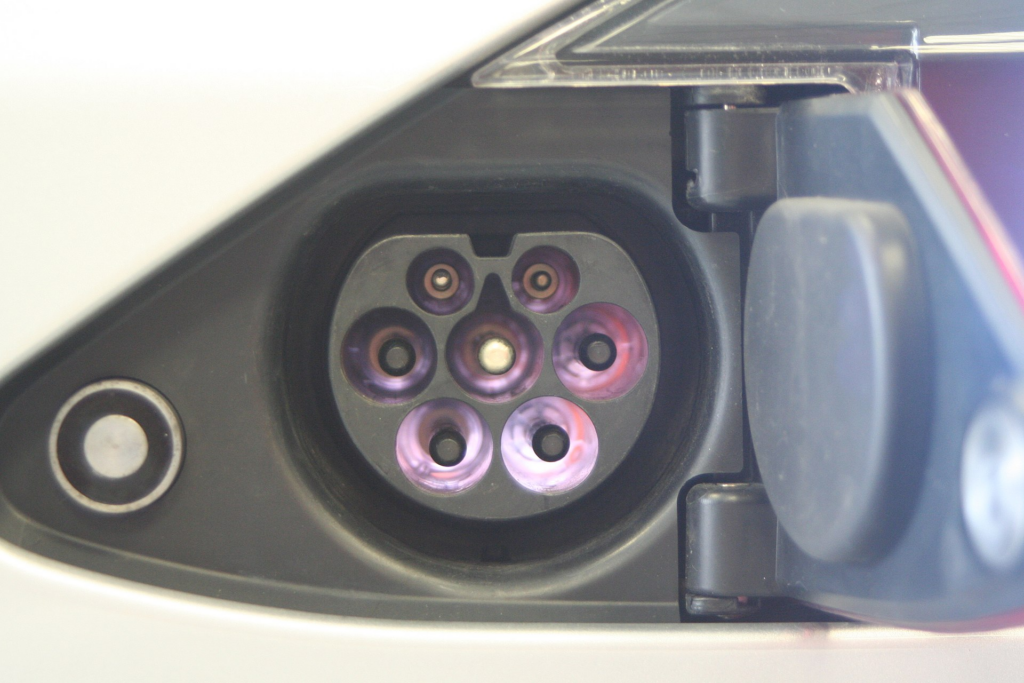 Type 2-compatible 120 kW male vehicle inlet on European Tesla Model S