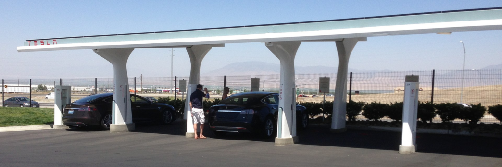 View of Tesla supercharger rapid charging station