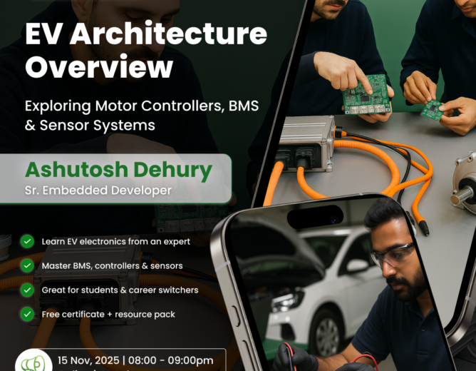 Poster for DIYguru’s EV Architecture Overview webinar showing real engineers assembling motor controllers, testing EV circuits, and working with battery systems and sensor modules.
